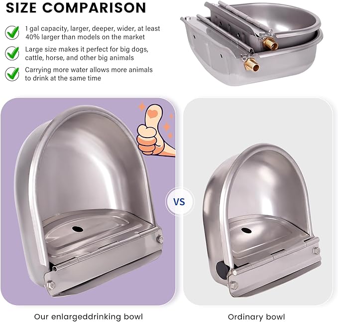1 Gal Extra Large Automatic Horse Waterer Stainless Steel Dog Water Bowl Dispenser with Brass Float Valve Auto Fill Livestock Water Trough for Dogs Chicken Farm Animal