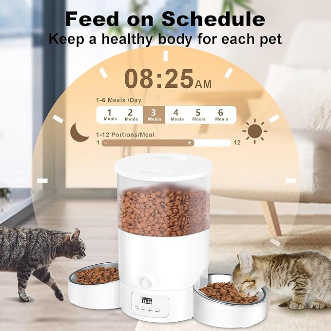Automatic Cat Feeder for 2 Cats, 3L Cat Food Dispenser SURDY Auto Cat Feeder with 2 Stainless Bowls, 10s Meal Call Dual Power Supply and Timer Setting 12 Portions 6 Meals Per Day for Cats and Dogs