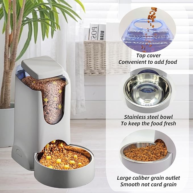 Hamiledyi Gravity Dog Feeder 2.8L Pets Automatic Food Dispenser with Stainless Steel Bowl for Puppy Cat Rabbit Large capacity (Light grey)