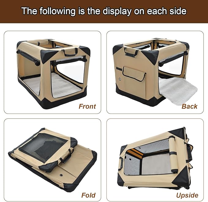 36 Inch Collapsible Soft Dog Crate for Large Dogs, 4-Door Foldable Travel Dog Kennel with Durable Mesh Windows for Indoor & Outdoor Portable Pet Crate, Soft Side Dog Crate, Beige