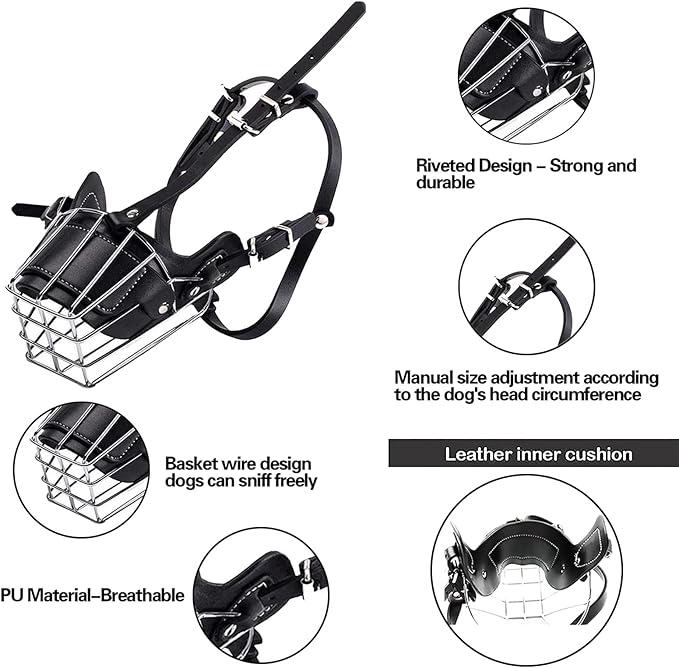 Dog Muzzle, Dog Metal Face Basket, Dog Mouth Breathable Adjustable Leather Leash Suitable for Large Medium-Sized Dogs (M)