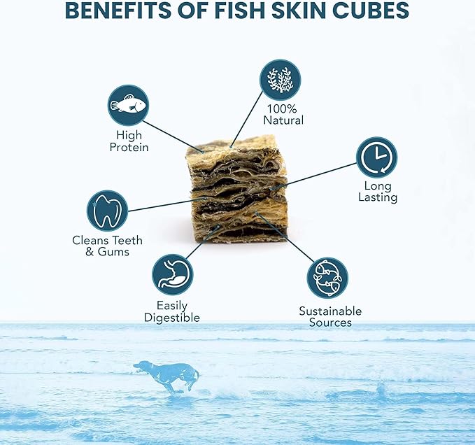 SKIPPER'S Cod Fish Skin Extra Small Jerky Cubes - Gently Air Dried Single Ingredient Cod Skin Dog Treats, Rich in Omega 3 & Grain Free Crunchy Bites, Hypoallergenic | Great for Teeth (9 Oz)