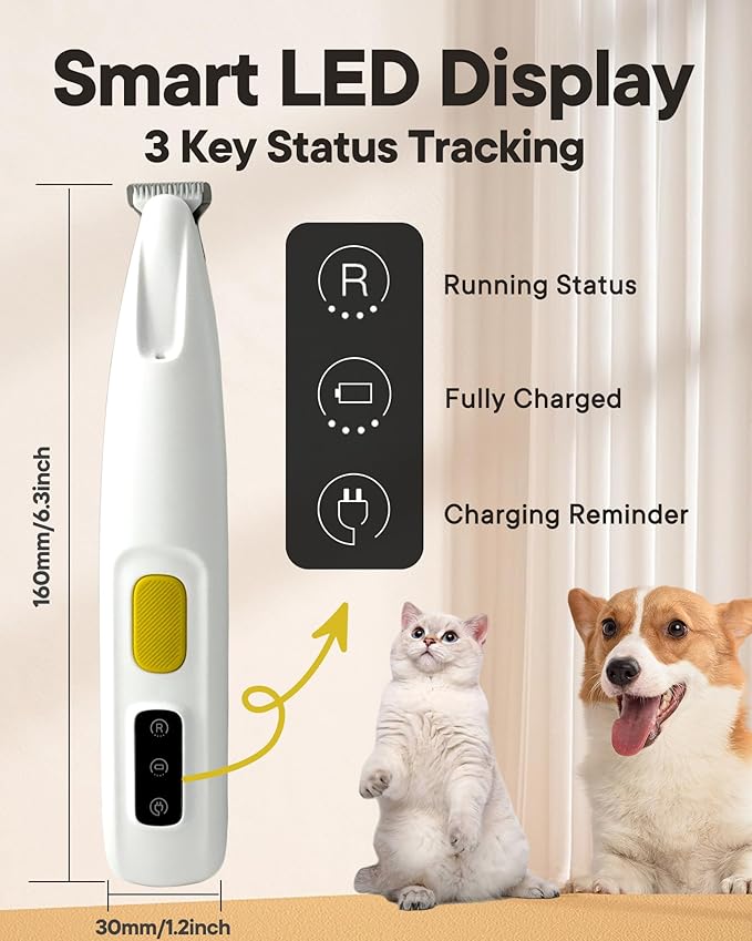 Upgraded Dog Paw Trimmer with LED Light, 18mm Widen Blade, 35dB Low Noise, LED Display, Fully Waterproof, Rechargeable Clipper for Dogs Cats Trimming Paws, Eyes, Ears, Face, and Rump