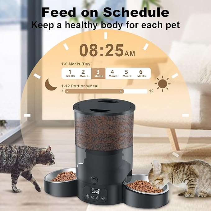 Automatic Cat Feeder for 2 Cats, 3L Cat Food Dispenser SURDY Auto Cat Feeder with 2 Stainless Bowls, 10s Meal Call Dual Power Supply and Timer Setting 12 Portions 6 Meals Per Day for Cats and Dogs