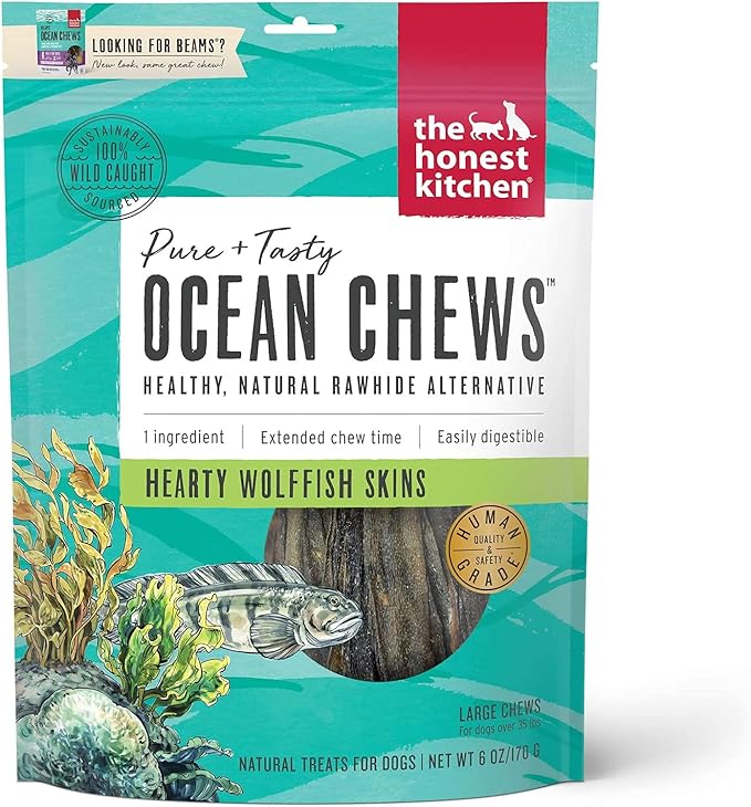 Pet Faves (3 Pack of 6oz) The Honest Kitchen Wolffish Ocean Chews Grain Free Dog Chew Treats – Natural Human Grade Dehydrated Fish Skins (6 oz Each) with 10ct Wipes