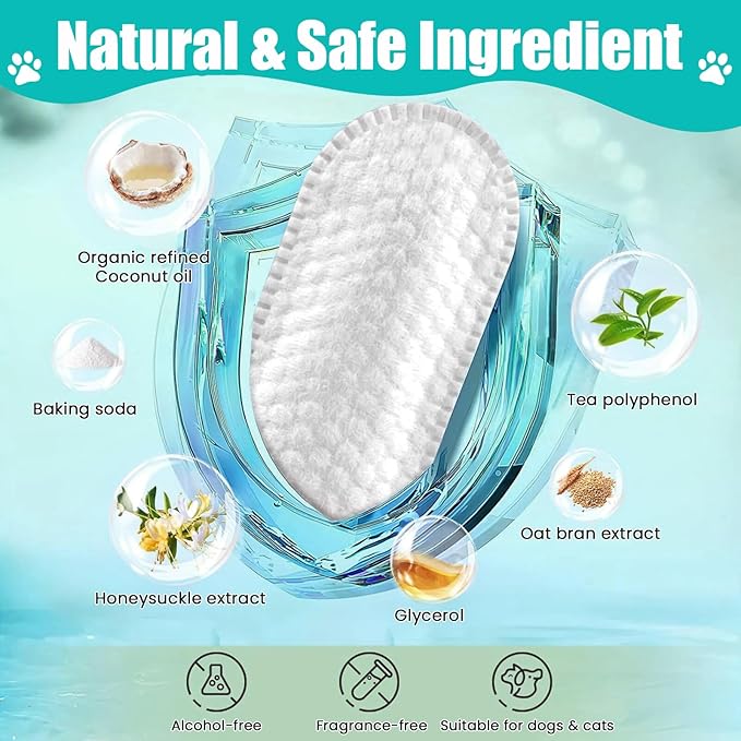 2-Pack Teeth and Ear Cleaner Finger Wipes, Dog and Cat Grooming Kit, Soothing Odor Control, Reduces Dirt and Wax Buildup, Cleans Teeth and Reduces Tartar and Odor, 100 Tablets