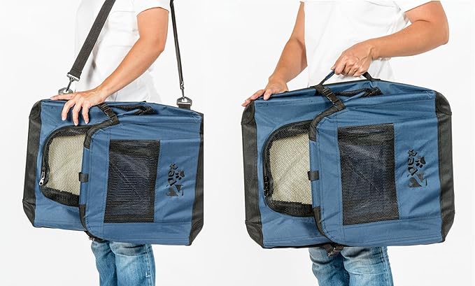 2PET Foldable Dog Crate - Soft, Easy to Fold & Carry Dog Crate for Indoor & Outdoor Use - Comfy Dog Home & Dog Travel Crate - Strong Steel Frame, Washable Fabric Cover, Frontal Zipper Large Blue