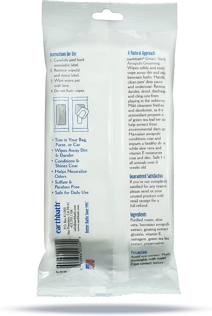 earthbath, Green Tea & Awapuhi Grooming Wipes - Dog Wipes for Paws and Butt, Best Pet Wipes for Dogs & Cats, Made in USA, Cruelty-Free Dog Cleaning Wipes, Removes Dirt & Dander - 28 Count Travel Size