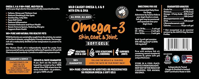 100% Pure Omega 3 Fish Oil Soft Gels for Dogs - Organic Skin, Coat & Joint Supplement - Boost Joint Health, Anti-Shedding & Itch Relief - Ideal for Medium to Large Dogs
