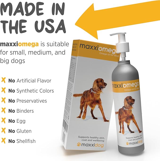 maxxiomega Oil for Dogs - Tasty Omega Supplement for Healthy Skin and Shiny Coat – Easy to Use Pump – Liquid 10 oz