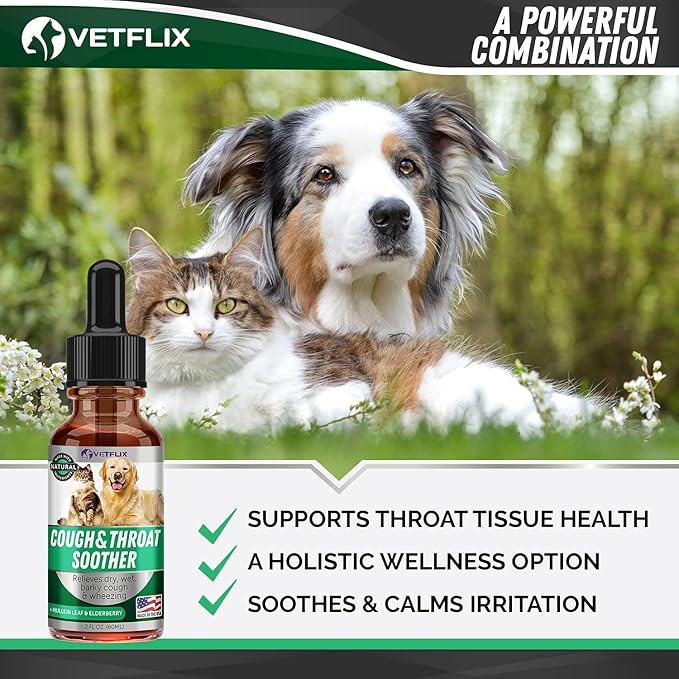 Kennel Cough, Allergy Relief & Natural Respiratory Support - Throat Soother Supplement for Dogs and Cats - Made in USA - Mullen Leaf & Elderberry Blend - Easy Add to Food - 2 Fl.Oz.