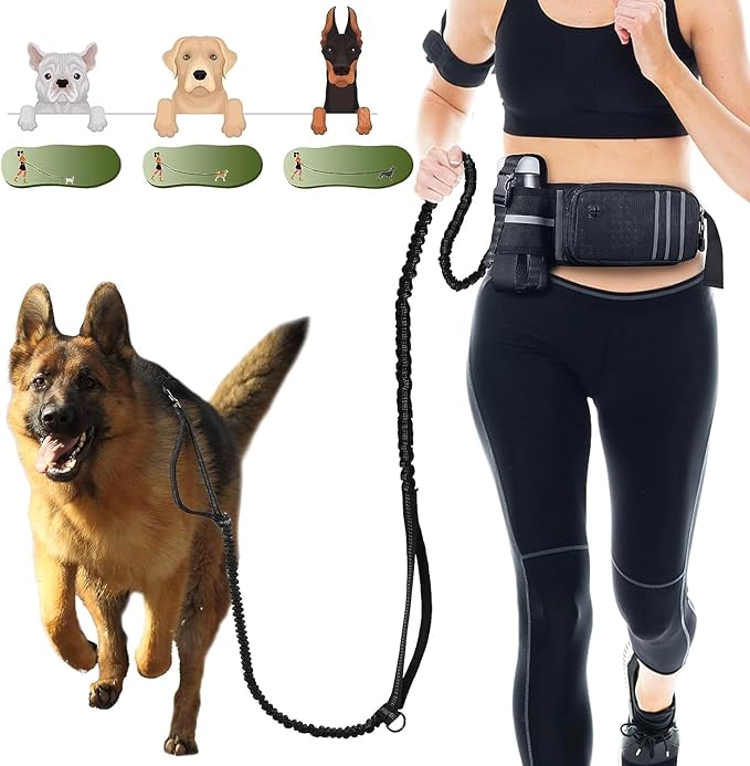 Hands Free Dog Leash for Medium and Large Dogs with Waist Belt Pouch, Dog Running Leash for Training Hiking Jogging Running Walking with Double Handle Bungee | Reflective Stitches Black