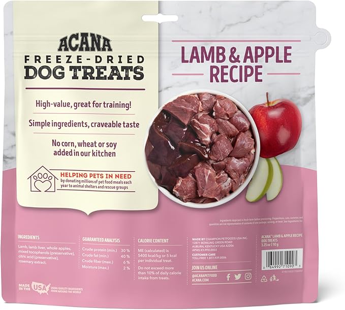 ACANA Singles Freeze Dried Dog Treats, Limited Ingredient Grain Free Lamb & Apple Recipe, 3.25oz