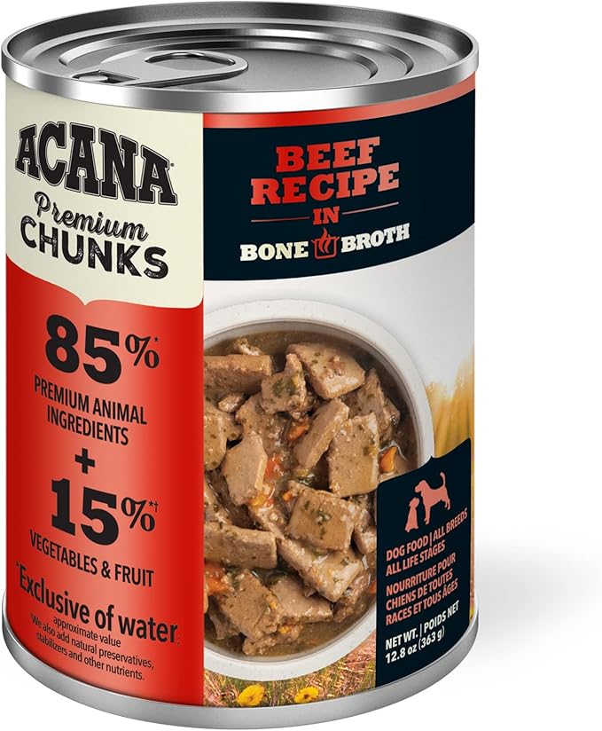 ACANA Premium Chunks Wet Dog Food, Beef Recipe in Bone Broth, 12.8oz (Case of 12)