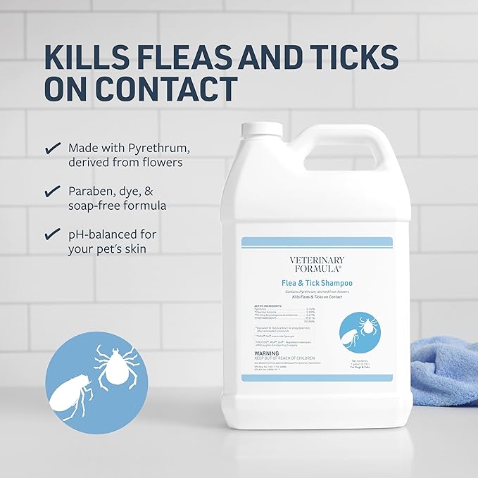 Veterinary Formula Flea and Tick Shampoo for Dogs and Cats, 1 Gallon – Dog and Cat Flea Shampoo with Pyrethrum to Kill Fleas, Ticks On Contact – Cleanses and Exfoliates