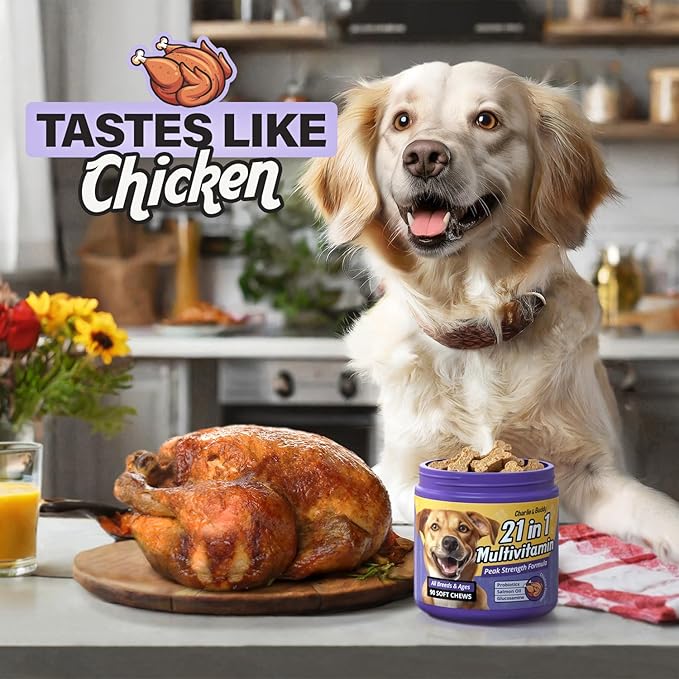 Charlie & Buddy Dog Multivitamin 21 in1 - Dog Vitamins and Supplements with Vitamin C Multivitamin for Dogs - Chicken Flavour Dog Vitamins Soft Chews - 90ct