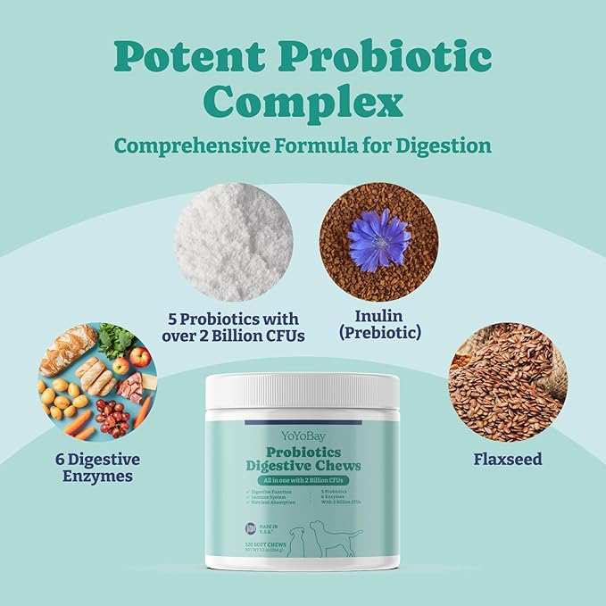 Probiotics for Dogs, Dog Probiotics and Prebiotic with Enzymes, for Gut and Digestive Health, Support Immune System, Chicken Flavor, 120 Soft Chews