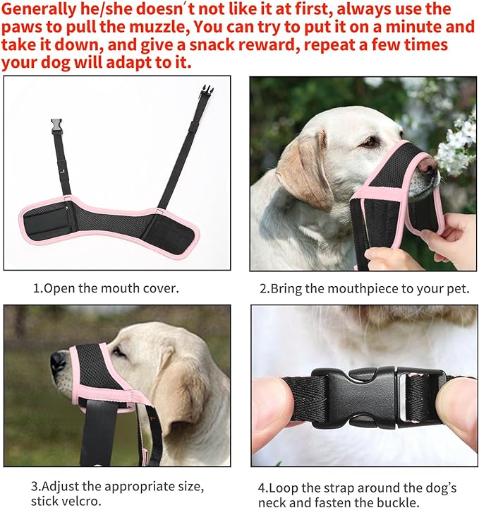 HEELE Dog Muzzle Nylon Soft Muzzle Anti-Biting Barking Secure,Mesh Breathable Pets Muzzle for Small Medium Large Dogs 4 Colors 4 Sizes (L, Pink)
