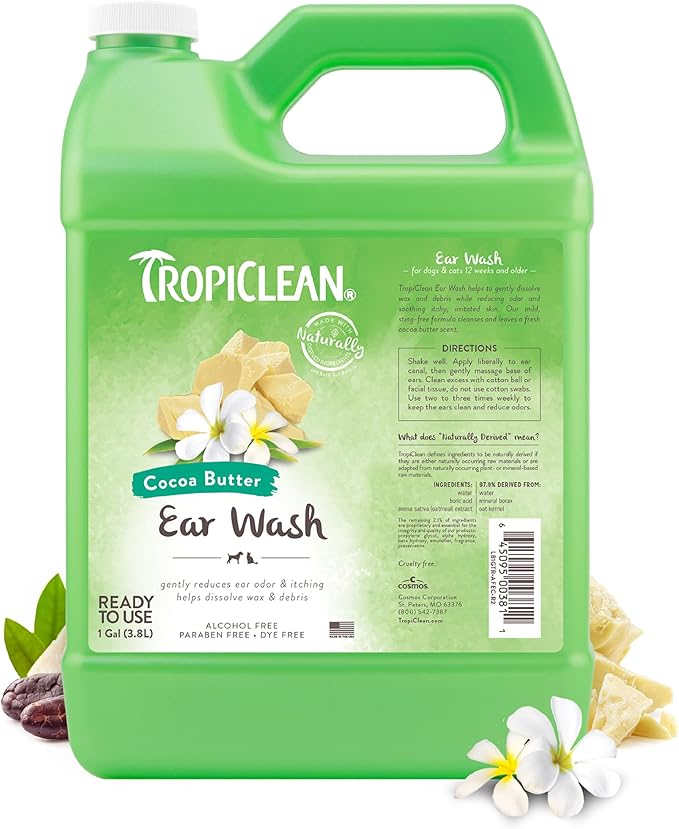 TropiClean Cocoa Butter Ear Wash for Dogs & Cats | Alcohol Free Dog Ear Cleaner Solution | Pet Ear Wash Derived from Natural Ingredients | Made in The USA | 1 Gallon