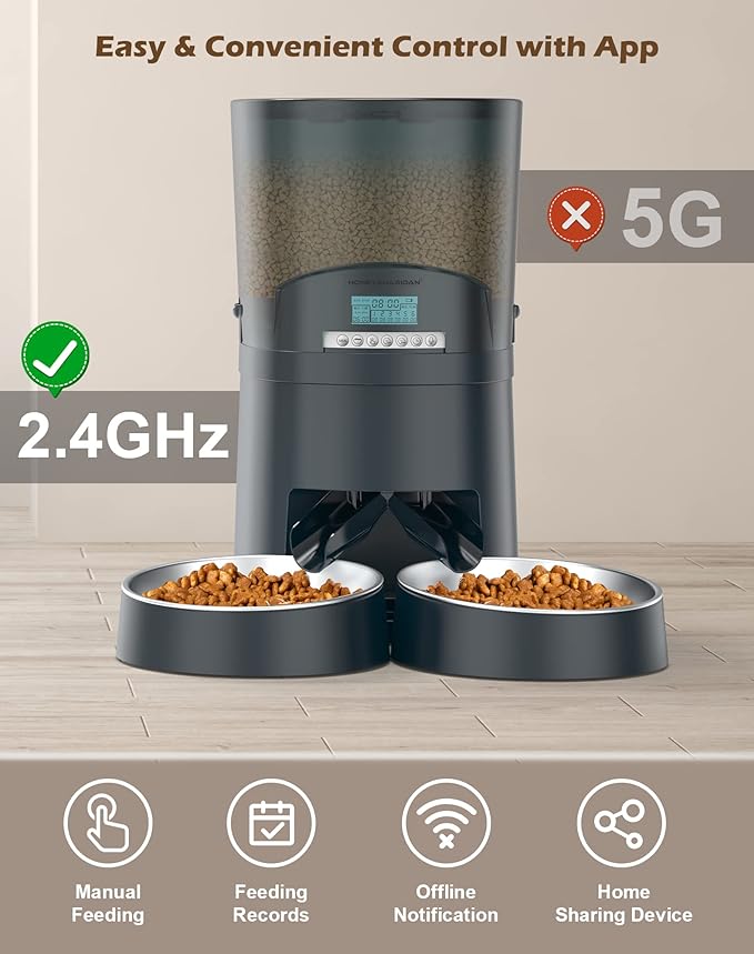 HoneyGuaridan Automatic Cat Feeders 2 Cats, 2.4G WiFi Smart Pet Feeder with APP Control for Cats and Dogs Dry Food Dispenser with 2 Stainless Steel Bowl, Desiccant Bag, 10s Voice Recorder (6.5L, Blue)