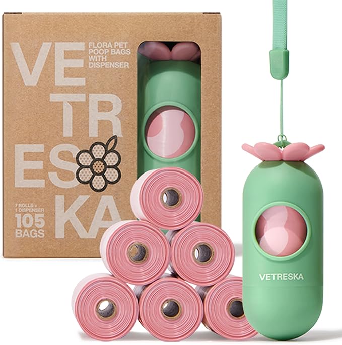 VETRESKA Dog Poop Bags with Dispenser, Lavender Scented, Guranteed Leak Proof and Extra Thick Pet Waste Bags for Walking Dog and Cats Litter, 1 Count Bag Holder and 105 Count Bags (7 Refill Rolls)Pink
