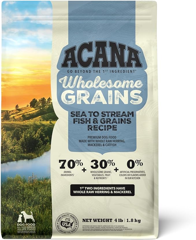 ACANA Wholesome Grains Dry Dog Food, Sea to Stream, Saltwater and Freshwater Fish & Grains Recipe, 4lb