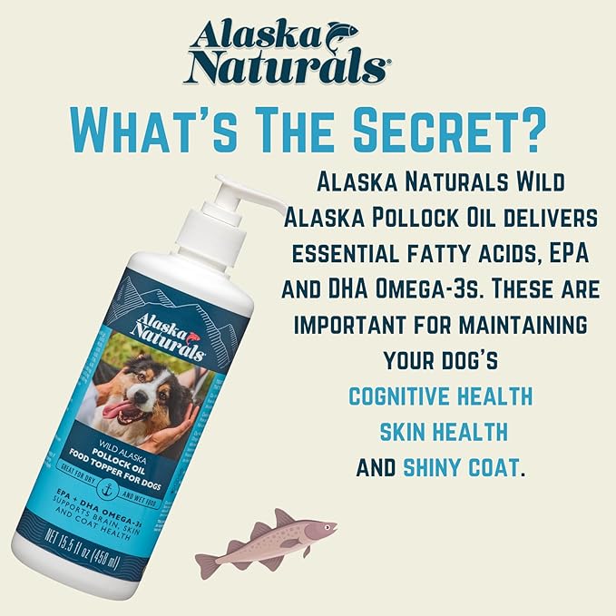 Sustainable Wild Alaskan Fish Oil for Dogs Skin and Coat – EPA + DHA Omega 3 Oil - Fatty Acids Dog Supplements - Support Fur Coat and Brain Health - Natural Liquid Food Topper for Pets – 15.5 oz. Pump