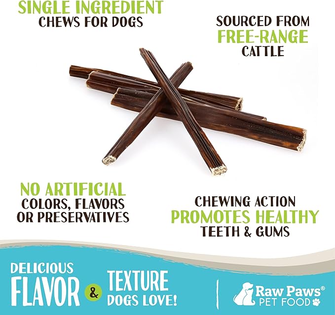Raw Paws Beef Gullet Sticks for Dogs, 6-inch, 10-ct - Free-Range Cows raised without Antibiotics or Added Hormones - Gullet Sticks for Small Dogs to Large Dogs - Beef Esophagus Dog Treats