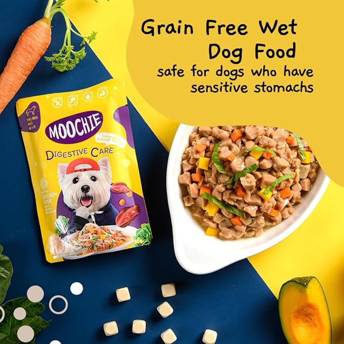 MOOCHIE Grain Free Wet Dog Food for Small Dogs - Digestive Care - Made with Real Chicken, Beef and Vegetables - No Added Preservatives or Artificial Flavoring - 12 x 3 oz Pouch