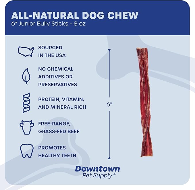 Downtown Pet Supply USA Sourced Thin Junior Bully Sticks (6" - 1/2 LB) - Bully Sticks for Small Dogs and Puppies- Single Ingredient Long Lasting Dog Dental Treats - Alternative to Chew Bones