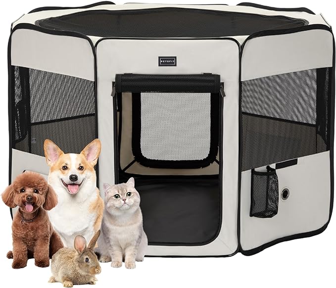 PETSFIT Dog Playpen, 45.5" Sturdy Pop Up Dog Kennel Foldable Dog Pen Indoor Outdoor Puppy Playpen for Medium Dogs Cats with Traveling Bag Zipper Sealed Removable Mesh Top Leakproof Bottom Mat Beige L