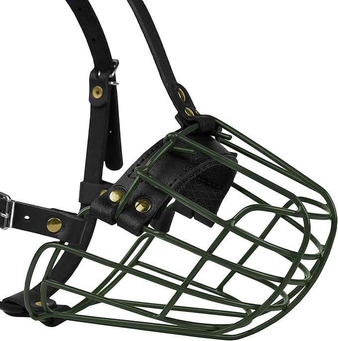 Pitbull Dog Muzzle Metal Mask Amstaff Secure Wire Basket Adjustable Durable Leather Straps for Large Dogs (Green)