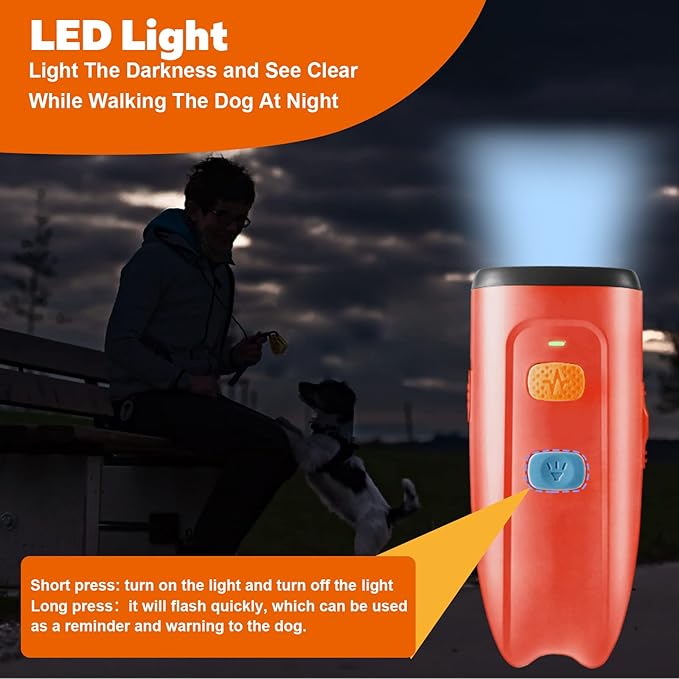 Ultrasonic Anti Barking Deterrent, Dual Sensor Dog Barking Control Devices with LED Flashlight, Handheld and Safe Dog Whistle to Stop Barking, Rechargeable Pet Training & Behavior Aids- Red.