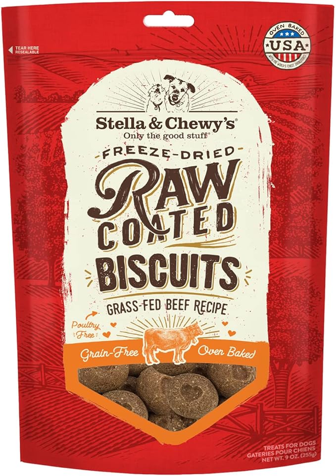 Stella & Chewy's Freeze-Dried Raw Coated Dog Biscuits – Grass-Fed Beef Recipe – Protein Rich, Grain Free Dog & Puppy Treat – Great Snack for Training & Rewarding – 9 oz Bag