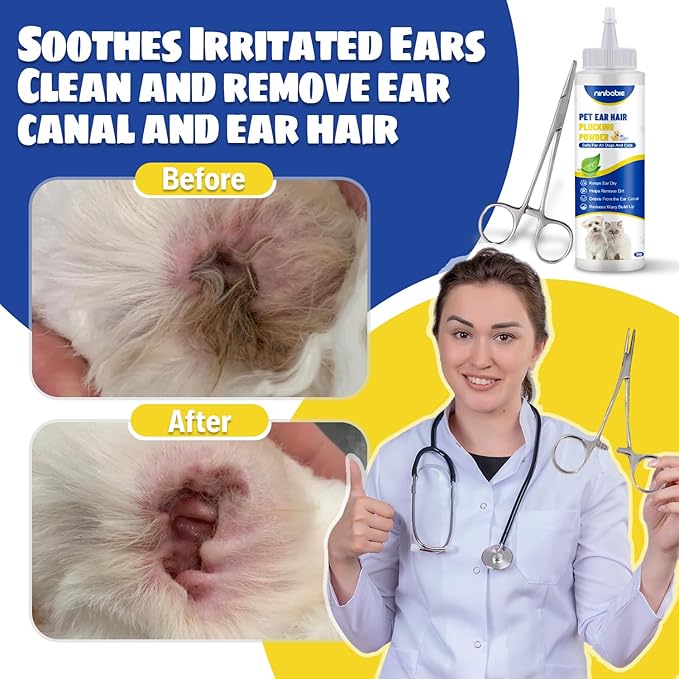 Upgraded Dog Ear Powder,Dog Ear Infection Treatment with 5.5inch Ear Hair Removal Tool,Effectively Removes Buildup and Ear Odor, Soothes Itchy