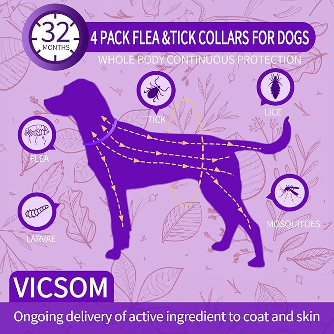 4 Pack Flea Collar for Dogs, Dog Flea and Tick Collar 8 Months Flea and Tick Prevent for Dog, Waterproof Adjustable Dog Flea Collar, Tick and Flea Collar for Large Small Dogs Puppy Flea Collar, Purple