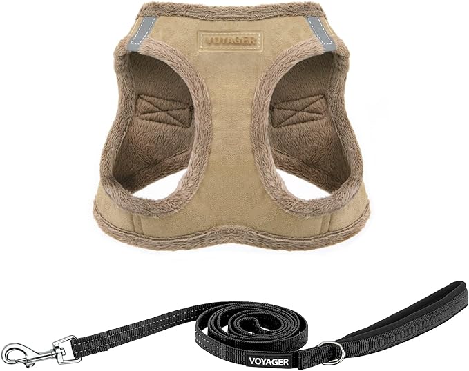 Voyager Step-in Plush Dog Harness – Soft Plush, Step in Vest Harness and Reflective Dog 5 ft Leash Combo with Neoprene Handle for Small and Medium Dogs by Best Pet Supplies -Set (Latte Suede), XL