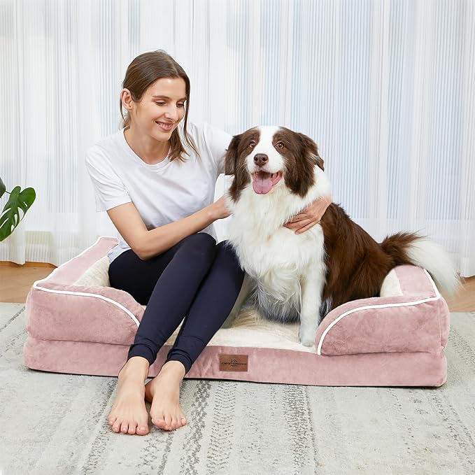 Waterproof Orthopedic Foam Dog Beds XL Dog Bed, Extra Large Dogs with Bolster, Washable Dog Bed Sofa Pet Bed with Removable Cover & Non-Slip Bottom(X-large,Pink)