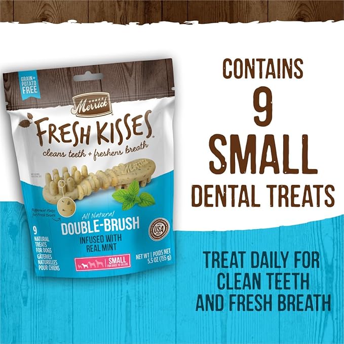 Merrick Fresh Kisses Natural Dental Chews, Toothbrush Treat Shape Infused With Real Mint, Small Dogs 15-25 Lbs - 36 ct. Box