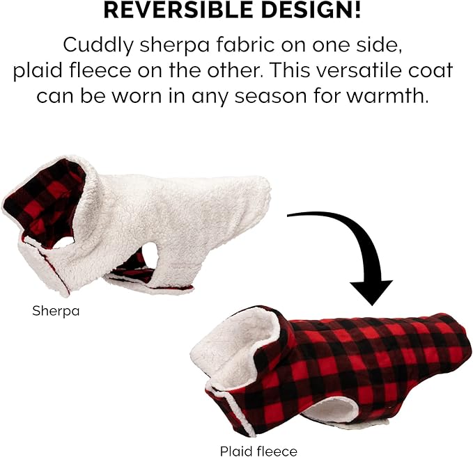 Furhaven Reversible Small Dog Coat, Washable & Insulating w/ Leash Access - Sherpa & Plaid Fleece Flex-Fit Jacket - Cream/Red, Small