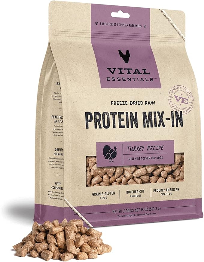 Vital Essentials Freeze Dried Raw Protein Mix-in Dog Food Topper, Turkey Mini Nibs Topper for Dogs, 18 oz