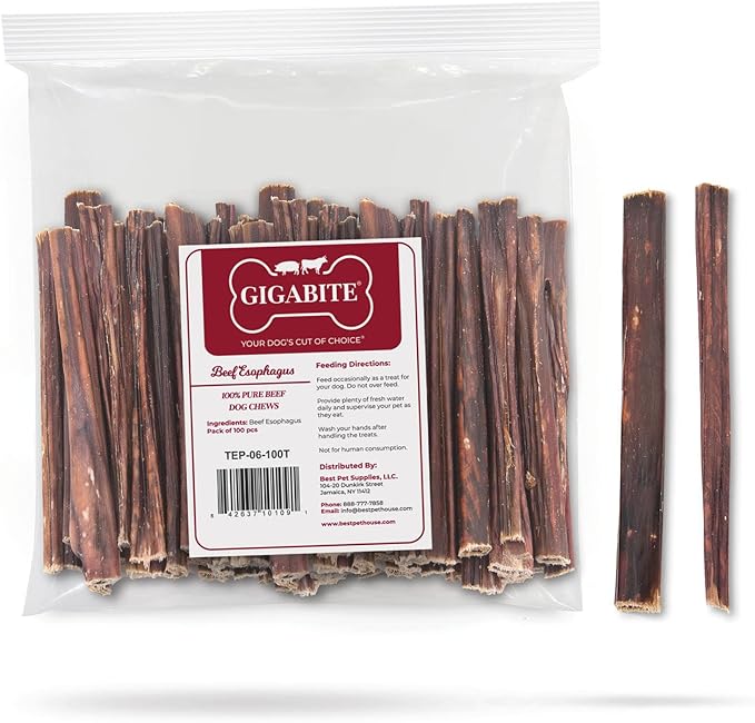 GigaBite 6 Inch Beef Gullet Jerky Sticks (100 Pack) - All Natural, Free Range Beef Esophagus Stick Dog Treat by Best Pet Supplies