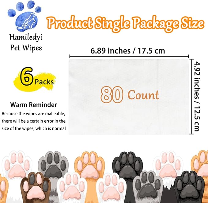 Hamiledyi Pet Wipes for Dogs, 6 Packs of 80 Count Cats Paws Feet Wipe, Soft Thick Puppy Grooming Wipes with Lids for Quick Cleaning Butt Feet Ears Eyes Nose