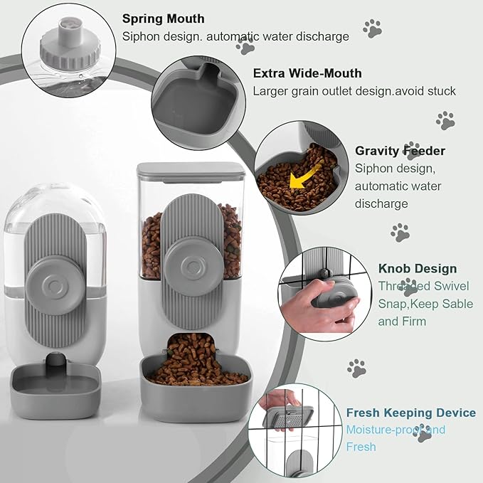 Hanging Automatic Rabbit Feeder for Cage,Dog Cat Food and Water Dispenser,Ferret Food Dispenser,Rabbit Water Bottle Guinea Pig Food Bowl Set,Gravity Feeder for Cats Dogs (Gray)