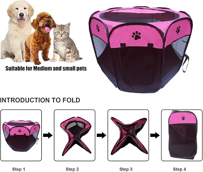 Portable Pet Playpen for Small Cat Dog Puppy Rabbit,Cat Kitten Playpen Indoor Outdoor with Carrying Case,Waterproof Bottom and Removable Zipper Top (M(35.4" x35.4" x23.6"), Rose)