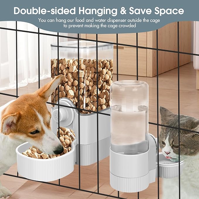 Hanging Cage Automatic Small Pet Food Bowl Water Bottle Dispenser, Detachable Auto Gravity 1.2L Self-Feeding Feeder and 0.52L Waterer Set Kennel Feeding Station for Puppy Cats Rabbit(Grey)