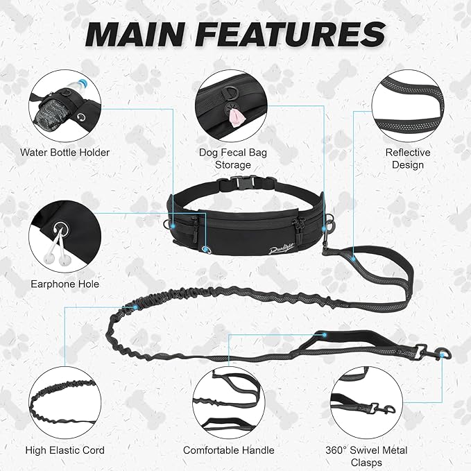 Hands Free Dog Leash Crossbody Dog Running Leash Waist Belt with Zipper Pouch for Small Medium Large Dogs Waist Dog Leash Fanny Pack for Walker Training Jogging Black