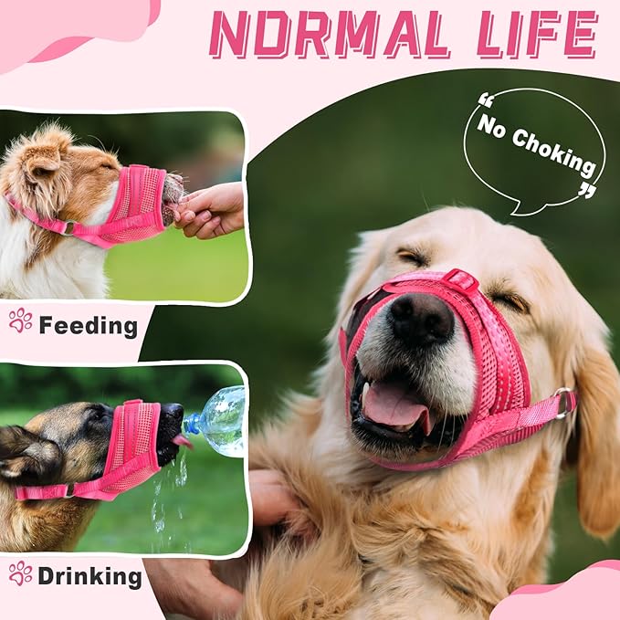 Dog Muzzle Soft Air Mesh Muzzle for Large Dogs, Adjustable Pet Muzzle for Small Medium Dogs to Drink Normally, Breathable Reflective Muzzle for Dogs to Prevent Biting Barking(Pink,L-8)