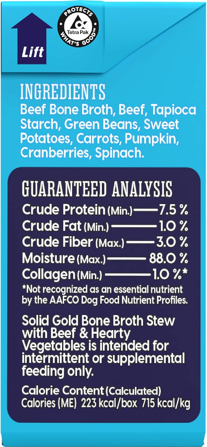 Solid Gold Bone Broth Stew - Dog Food Topper & Dog Treat Rich in Natural Collagen for Gut Health - Grain Free Formula Packed with Protein & Hearty Vegetables - Great for Picky Eaters - 6 Pack