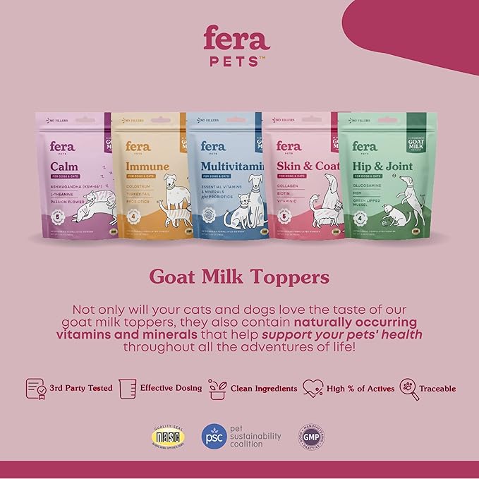 Fera Pets Skin & Coat Goat Milk Cat & Dog Food Topper – Vet Created - Pet Coat Thickness & Skin Hydration - Collagen, Biotin & Vitamin C - 60 Servings